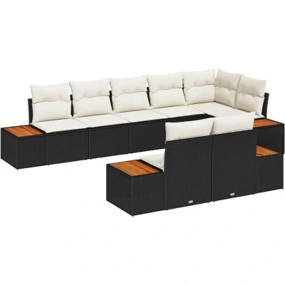 Image of vidaXL 8 Piece Garden Sofa Set with Cushions Black Poly Rattan &amp; Acacia
