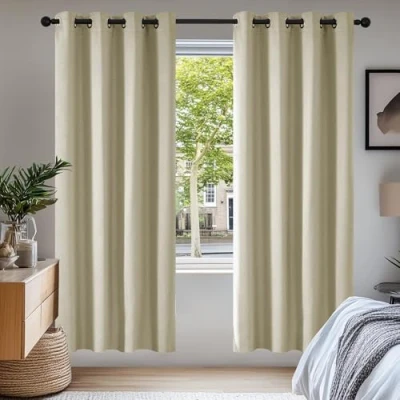 Image of Deconovo Super Soft Ring Top Thermal Insulated Blackout Curtains for Bedroom Eyelet 55x79 Inch Two Panels Beige