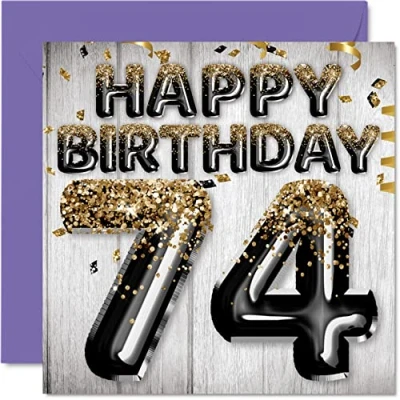 Image of 74th Birthday Card for Men Black &amp; Gold Glitter Balloons Happy Cards 74 Year Old Man Dad Great Grandad Grandpa Gran, 145mm x Seventy Four Fourth Greeting Gift