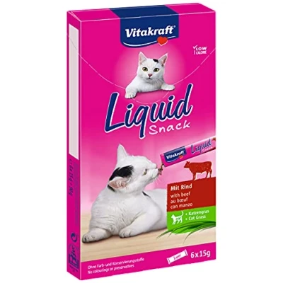 Image of Vitakraft Liquid snack with beef + cat grass, 1 pack (6 bags of 15 g)
