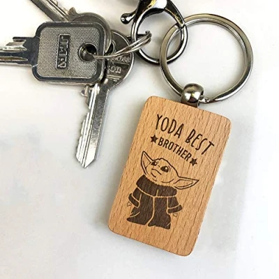 Image of eBuyGB Personalised Wooden Rectangle Keyring, Star Wars Themed Engraved Baby Yoda Keychain, Funny Gifts from Sister, Brother (Yoda Best Brother)