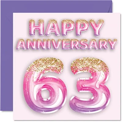 Image of Pretty 63rd Anniversary Card for Wife Girlfriend Husband Boyfriend Pink Purple Glitter Balloons Happy 63 Cards from Family, 145mm x Greeting Sixty Third Anniversaries
