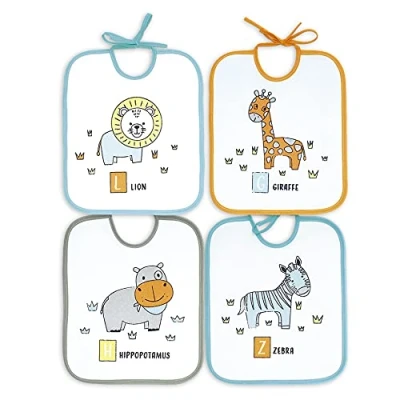Image of Ti TIN Pack of 4 Waterproof Bibs for Babies 73% Cotton 27% Polyester Vinyl Lining with Closure Straps from 6 to 18 Months