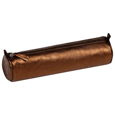 Image of Clairefontaine Ref 8691C Cuirisé&#039; Leather Round Pencil Case 22cm x 5.5cm, Made From Genuine Lambskin Leather, Metal Zip With Puller Brown