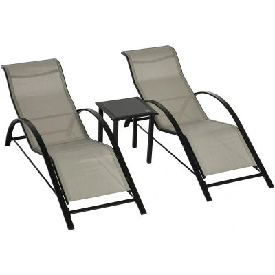 Image of Outsunny 3 Pieces Lounge Chair Set Metal Frame Garden Outdoor Recliner Sunbathing with Table, Grey