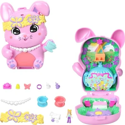Image of Polly Pocket Dolls and Playset, Tea Party Bunny Compact, Travel Toy with 1 Micro Doll, Pet Bunnies, Food &amp; Fashion Styling Accessories, JCR40