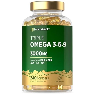 Image of Triple Omega 3 6 9 Capsules 3000mg 240 Count High Strength Supplement with EPA &amp; DHA Essential Fatty Acids Fish Oil, Flaxseed Sunflower Oil by Horbaach