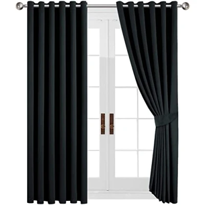 Image of AMEHA Blackout Curtains Eyelet Black Thermal for Bedroom 66 x 72 Inch Drop Super Soft Window Treatments Living Room Curtain Drapes with Tiebacks, Pair Panel