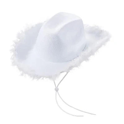 Image of Light Up Cowboy Hats for Women Fluffy Feather Brim LED Cowgirl Hat Bachelorette, Costume Party, Play Dress (White)