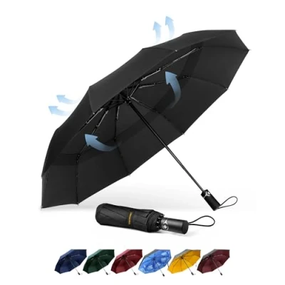 Image of TECKNET Windproof Umbrella, Strong Compact Travel Automatic Umbrellas, Large Wind Resistant Umbrella with 10 Ribs, Folding Lightweight Golf for Rain Men, Black