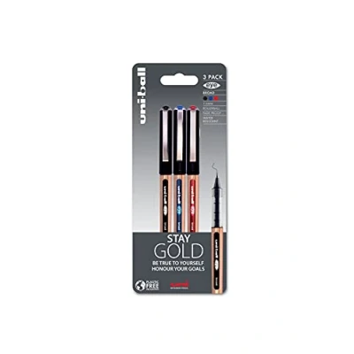 Image of Uni Ball UB 150 10 Eye On Point Stay Gold Broad Ballpoint Black, Blue and Red Pens. Premium 1.0mm Rollerball Tip for Super Smooth Handwriting. Fade Water Resistant Liquid Ink. Pack of 3