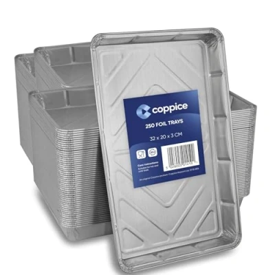 Image of Coppice Aluminium Foil Tray for Baking, BBQ, Roasting, Grilling &amp; Food Storage 32cm x 20cm 3cm Freezer, Microwave Oven Safe (250 Trays)
