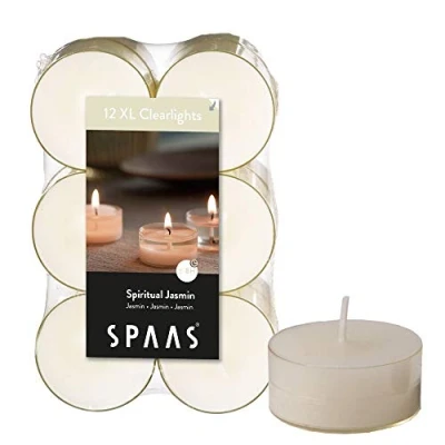 Image of Spaas 12 Maxi Scented Tealights in Transparent Clear Cup, 8 Hours, Spiritual Jasmine, White