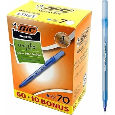 Image of 70 x Bic Xtra Life Round Stic Ballpoint Pens Writes 90% Longer Soft Flexible Barrel for Comfortable Hold Tungsten Nib, Medium 1.0mm Blue Ink
