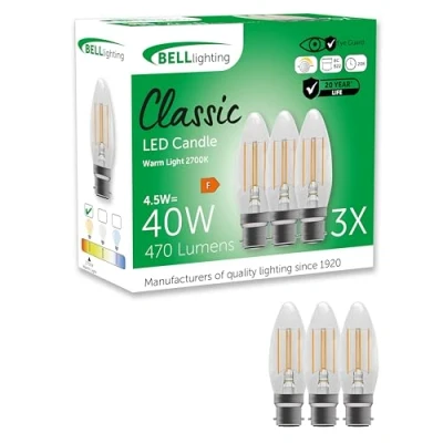 Image of Bell Lighting B22 Bayonet Filament Dimmable Light Bulb LED Candle 3 Pack Warm White 2700K 470 Lumen 4.5W Energy Saving 40W Halogen Lamp Equivalent