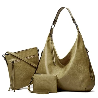 Image of Ashioup Hobo Bags for Women Soft PU Leather Slouchy Bag Shoulder Purse with Zipper, Green Three piece Suit, One Size
