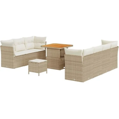 Image of vidaXL 10 Piece Garden Sofa Set with Cushions Beige Poly Rattan Acacia