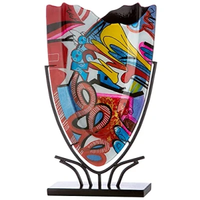 Image of Glass Art Vase, Decorative Vase in Street Design on Metal Stand, Living Room, Gift for Women, Birthday, Colour: Red, Height 47 cm