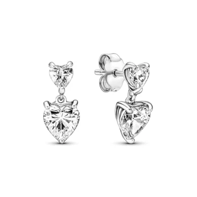 Image of Pandora Double Heart Sparkling Stud Earrings Sterling Silver &amp; Cubic Zirconia Gift for Her No Box