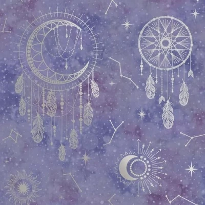 Image of Holden Decor Dreamcatcher Wallpaper Modern for Bedroom, Nursery &amp; Children’s Playroom Decorative Luxury Wall Paper with Dreamcatchers, Suns, Stars, Moons Star Signs (Purple Silver)