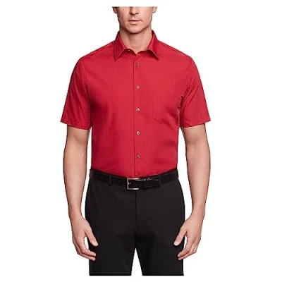Image of Van Heusen Men&#039;s Short Sleeve Dress Shirt Regular Fit Poplin Solid, Flame, 16.5&quot; Neck