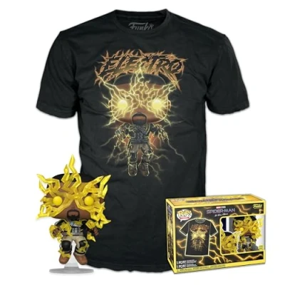 Image of Funko Pop! &amp; Tee: Spider Man: NWH Electro Glow In the Dark Medium T Shirt Clothes With Collectable Vinyl Figure Gift Idea Toys and Short Sleeve Top for Adults Unisex Men Women