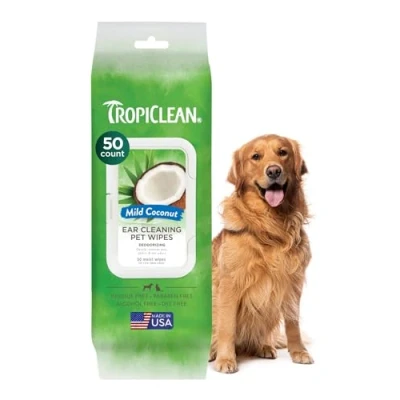 Image of TropiClean Dog Ear Wipes Grooming Supplies Alcohol Free Cleaning for Dogs &amp; Cats Gently Dissolves Wax Debris Removes Odour, Soothes Itching Infection, Kiwi Fragrance Free, 50ct