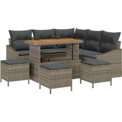 Image of vidaXL 9 Piece Garden Sofa Set with Cushions Grey Poly Rattan Acacia