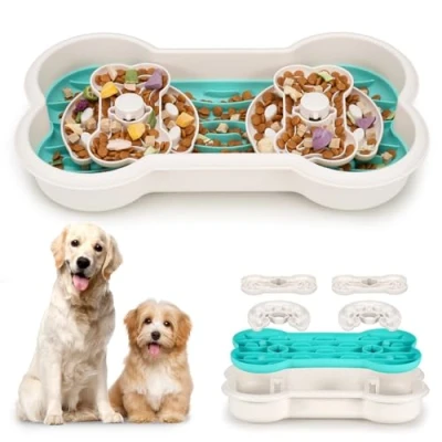 Image of Barpor Slow Feeder Dog Bowls Anti Choking Bone Shaped Double Bowl, Puppy Eating Bowl for Dry, Wet and Raw Food, Pet Fun Puzzle Promote Healthier Habits