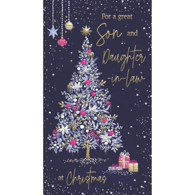 Image of ICG Son and Daughter In Law Christmas Card, Single Cards with Artistic Floral Tree Design Special Finishes Xmas Envelope