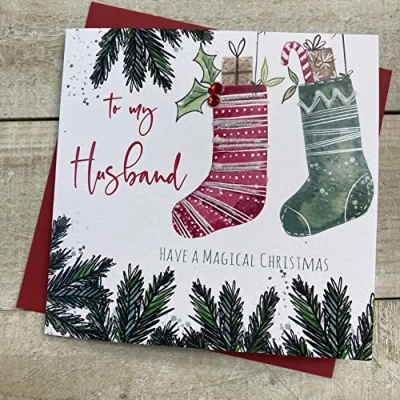 Image of TO MY HUSBAND CHRISTMAS CARD, HANGING STOCKINGS HANDMADE BY WHITE COTTON CARDS (C22 95 H)