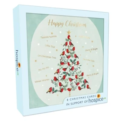 Image of Box of 8 Tree Tweeting Robins Hospice UK Charity Christmas Cards XSA013