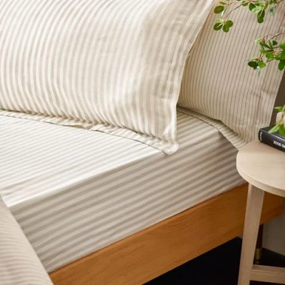 Image of The Linen Yard Hebden Fitted Sheet Natural Cotton Size Double