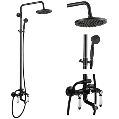 Image of gotonovo Oil Rubbed Bronze Shower Faucet 8 inch Rainfall Head Fixture with Handheld Spray Double Lever Handle Bathtub Spout Triple Function Bathroom Wall Mount
