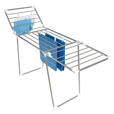 Image of WENKO 3774014100 Dual Wing Laundry Dryer Profi Plus with Set of Accessories, 15 m Drying Length, Collapsible, Stainless Steel, 196 x 90 63 cm, Silver matt