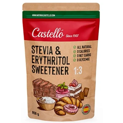 Image of Castello since 1907 Stevia + Erythritol 1:3 Sweetener 1g = 3g of Sugar 100% Natural Substitute 0 Calories Glycemic Index Keto and Paleo Net Carbohydrates Non GMO 850 g
