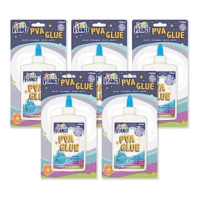 Image of Craft Planet 240 ml X Pack Of 5 White Strong, Tacky PVA All Purpose Glue For Kids Art, Toddler &amp; Box Refill, School Supplies, Woodwork, Home, DIY, Paper, Wood, Materials