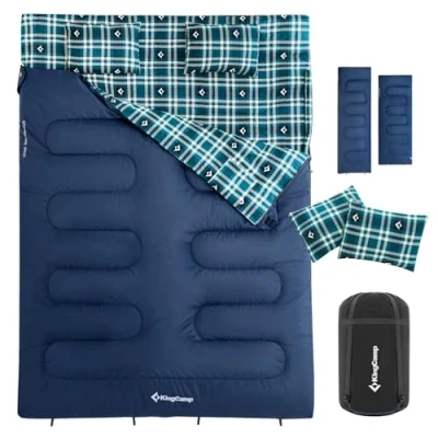 Image of KingCamp Double Sleeping Bag with Pillow 4 Season, Bags for Adult Kids Cotton Flannel Winter Lightweight Extra Large 2 Person Camping Backpacking Hiking Indoor Outdoor