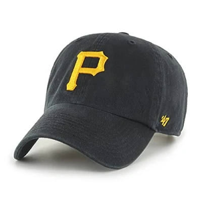 Image of 47 MLB Pittsburgh Pirates Clean Up Unisex Baseball Cap, Adjustable Strap, Yellow Logo, Colour Black