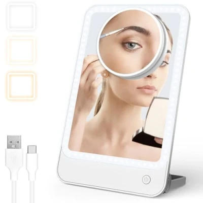 Image of GAOEEIN Makeup Mirror with Lights, 1500mAh Rechargeable Led Make Up 180 Adjustable Stand, 3 Color Modes, Magnification 10X, Portable Lighted Beauty Travel Vanity