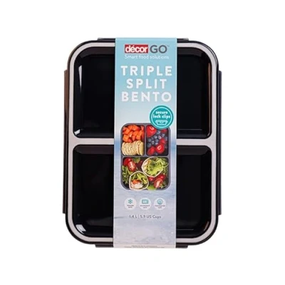 Image of Décor Go Triple Split Bento lunch Box, BPA Free, 3 Compartments perfect for school and work snacks. Food Prep Container with Lid, Dishwasher Safe, 1.4L, Navy