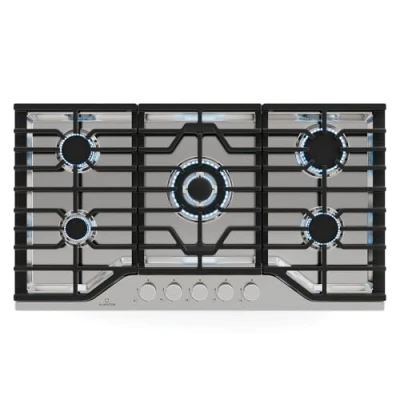 Image of Klarstein Turbocast Gas Hob 5 Burner Stainless Steel Cooktop, 3.4kW Wok Burner, Cast Iron Pan Holders, Electric Ignition, Safety Shut Off, LPG Conversion Kit, 910x85x510mm