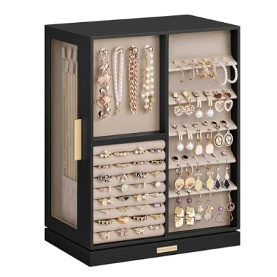 Image of SONGMICS Jewellery Box 360 Rotating, Organiser with 7 Drawers, Display Case, Glass Window, Spacious, Vertical Storage, Open Design, Great Gift, Ink Black JBC201B01