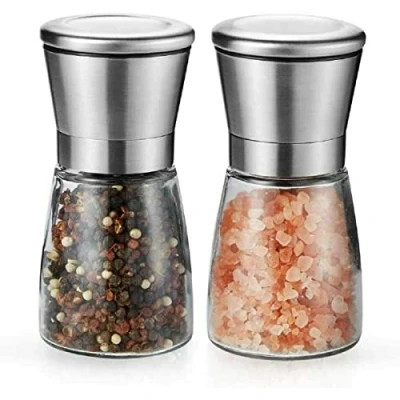 Image of COPPER TOP Salt and Pepper Grinder Mill Set Shakers Brushed Stainless Steel Glass Body