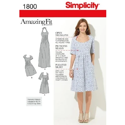 Image of Simplicity Sewing Pattern 1800 Misses&#039; &amp; Plus Size Amazing Fit Dresses Sizes: BB (20W 28W)