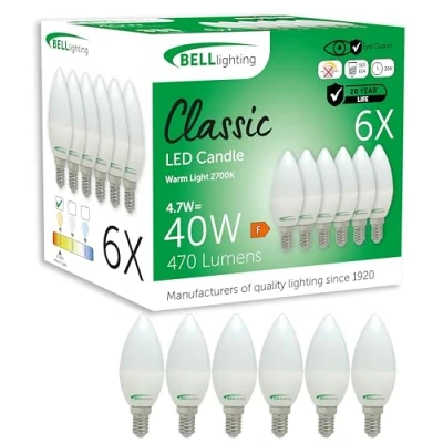 Image of Bell Lighting Small Edison Screw E14 Light Bulb LED Candle 6 Pack Warm White 2700K 470 Lumen 4.7W Energy Saving 40W Halogen Lamp Equivalent Non Dimmable