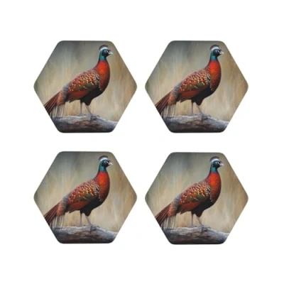 Image of Red Pheasant Coasters for Drinks Set of 4 Non Slip Leather Coaster Heat Resistant Drink Tabletop Protection Absorbent Cup Mat Coffee Table Decor, Hexagon