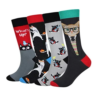 Image of Men&#039;s EUR 42 46 Cat Socks Gift Crazy Novelty Dress Crew Calf (Music Guitar Dancing Cat)