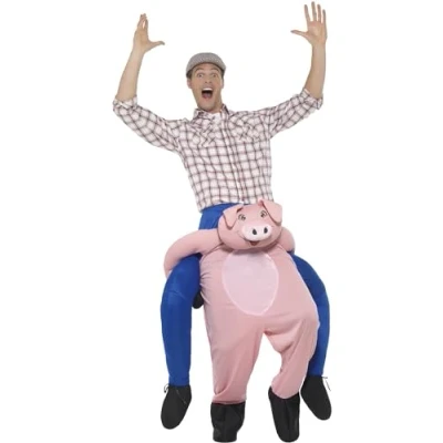 Image of Smiffys Piggyback Pig Costume, Pink One Piece Suit with Mock Legs, Funny Fancy Dress, Animal Dress Up Costumes
