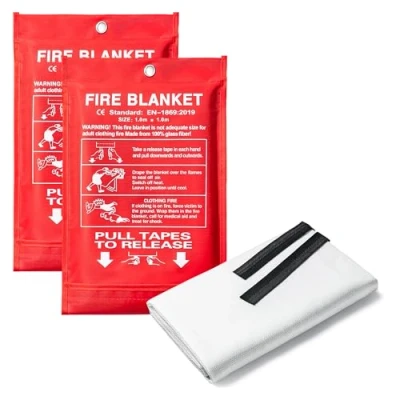Image of ONE 1m x Fire Blanket with Flame Retardant Handles Quick Release Fiberglass Emergency Safety for Home Kitchen Caravan Car (Pack of 2)